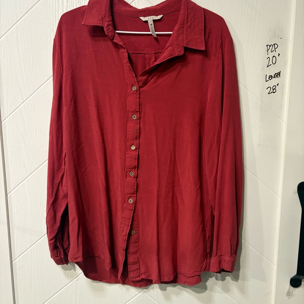 DKR Rust Red Button Down Blouse L Long Sleeve Casual Tunic Top / Granola/‎